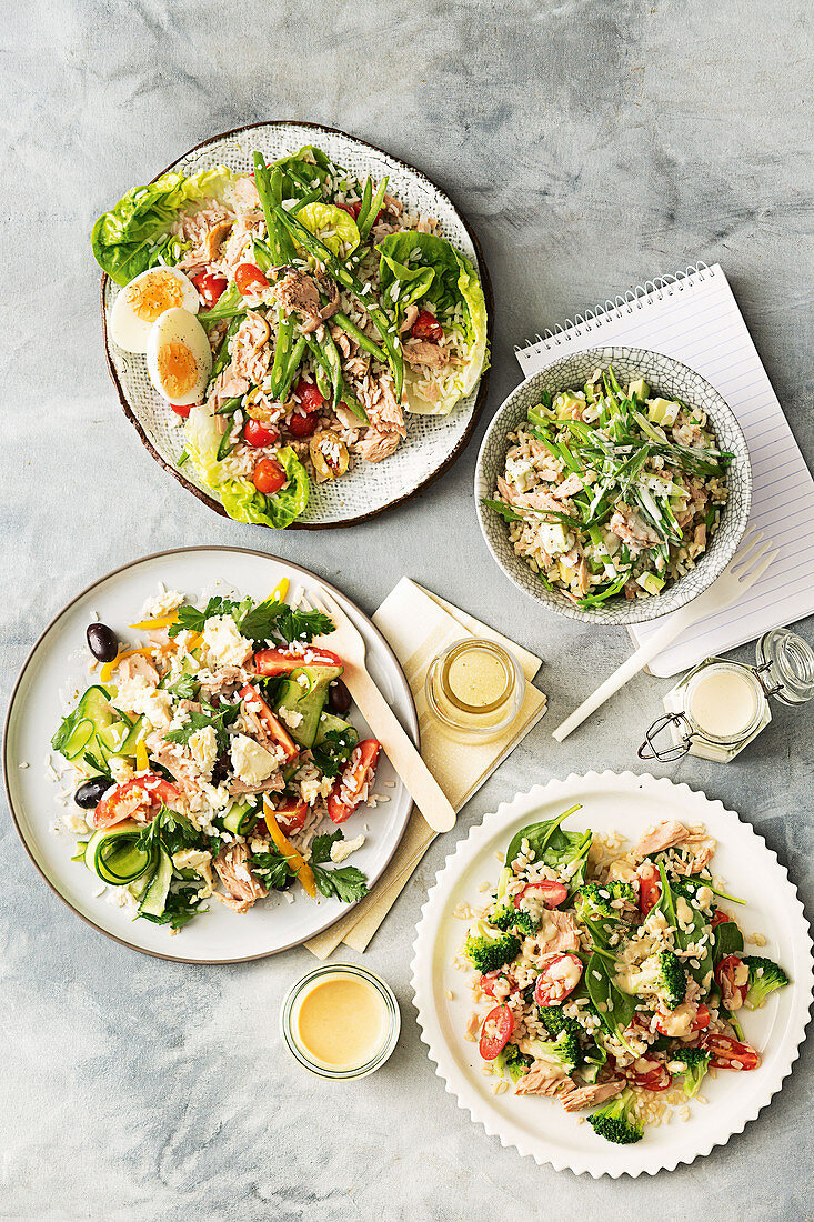 Nizza salad with rice and Japanese tuna salad with rice; tuna and broccoli salad with hummus dressing and Greek rice salad