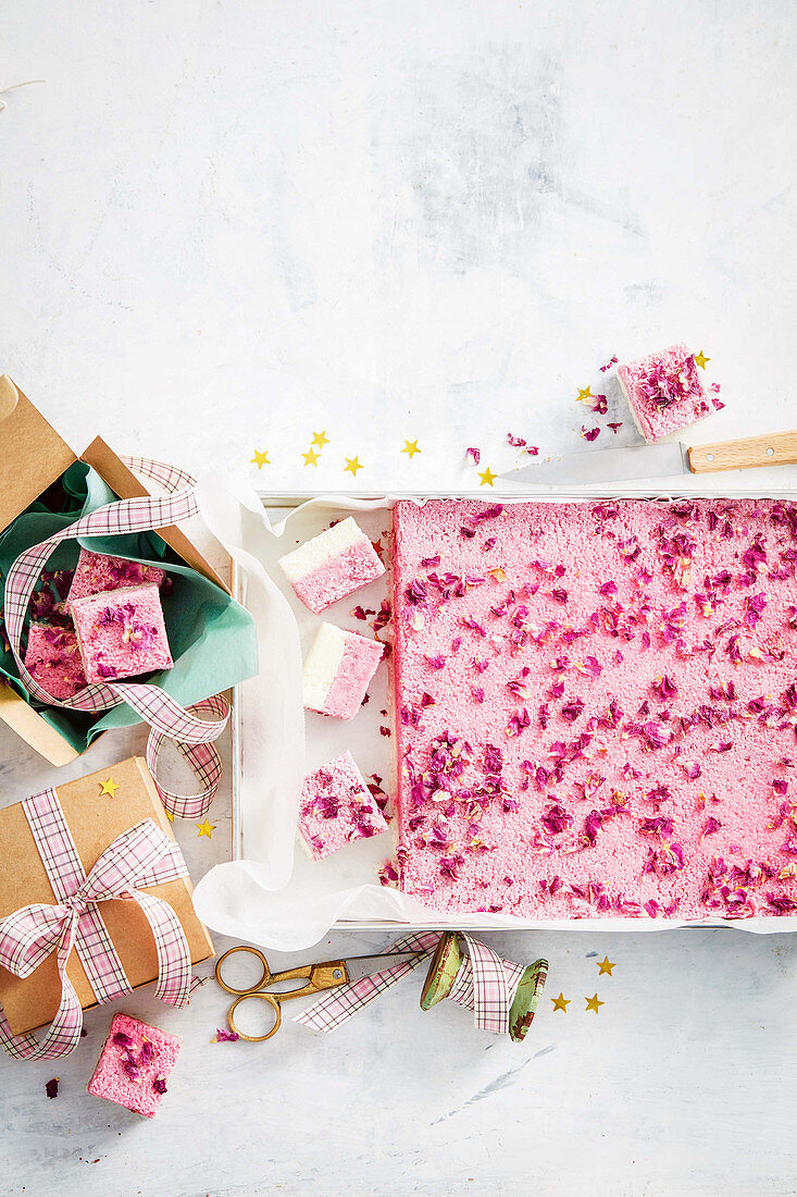 Raspberry and turkish delight coconut ice slab