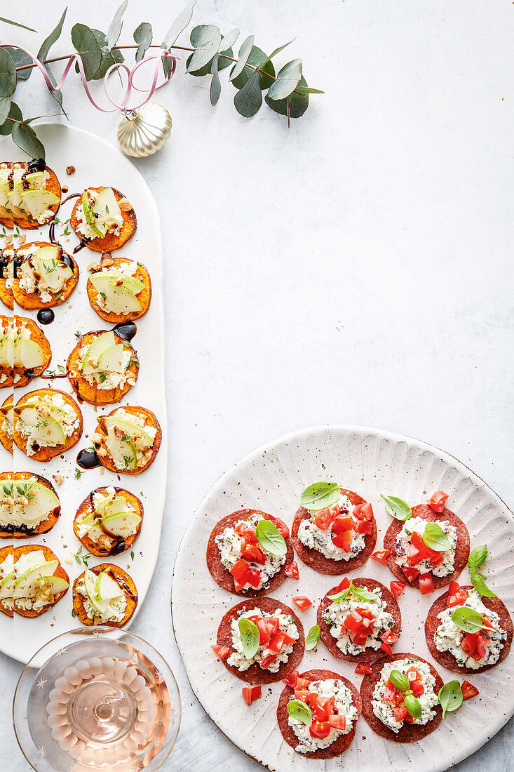 Sweet potato, pear and goat s cheese bites; Spicy salami bites