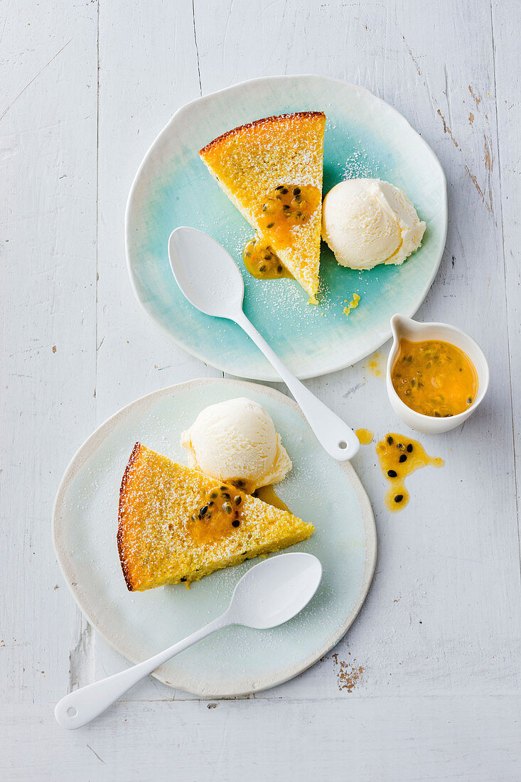 Passion fruit and coconut cake with vanilla ice cream