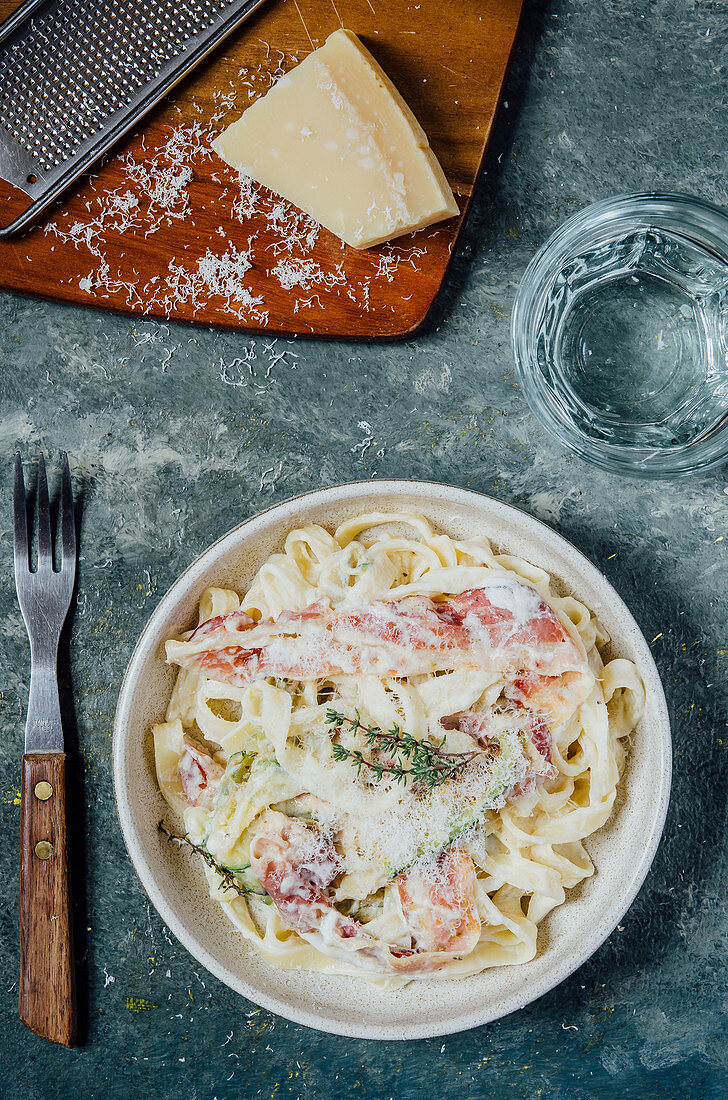 Tagliatelle with pancetta, thyme and parmesan