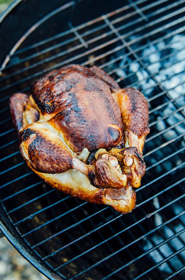 A whole chicken on a barbecue rack