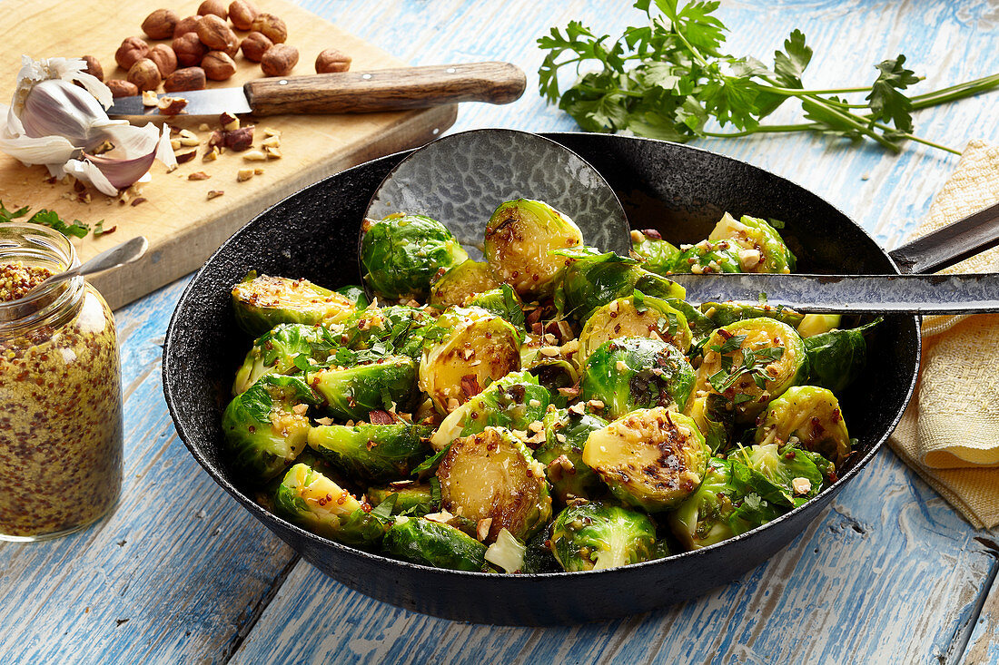 Honey glazed sprouts with hazelnuts