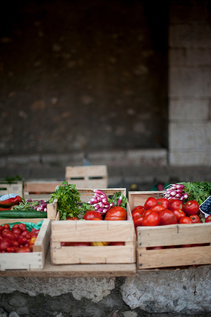 Tomaten und Rettich in Gemüsekisten