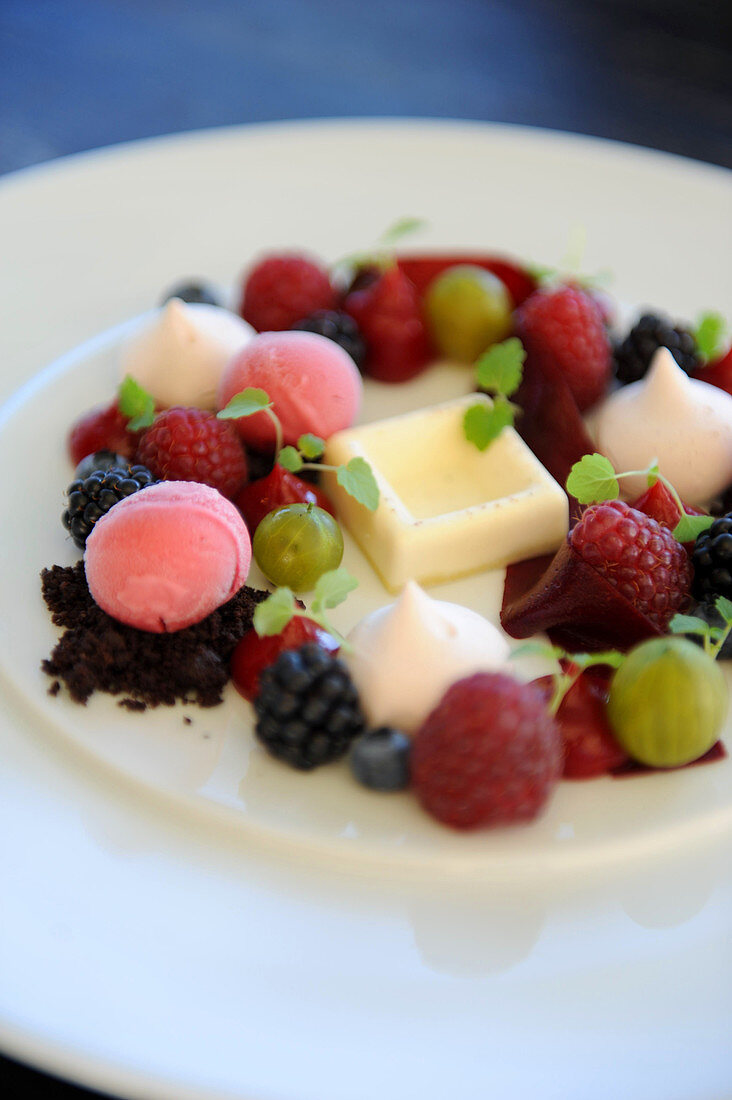 Raspberry sorbet with white chocolate and fresh berries