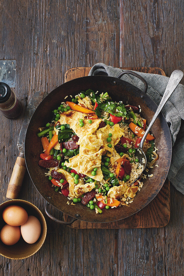 Egg fried rice with vegetable and chinese sausage