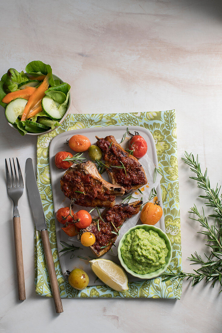Grilled lamb cutlets with minty pea purée