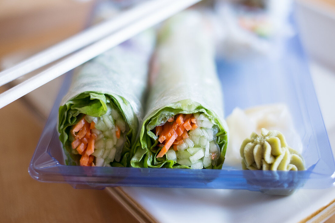 Rice paper rolls with wasabi and ginger