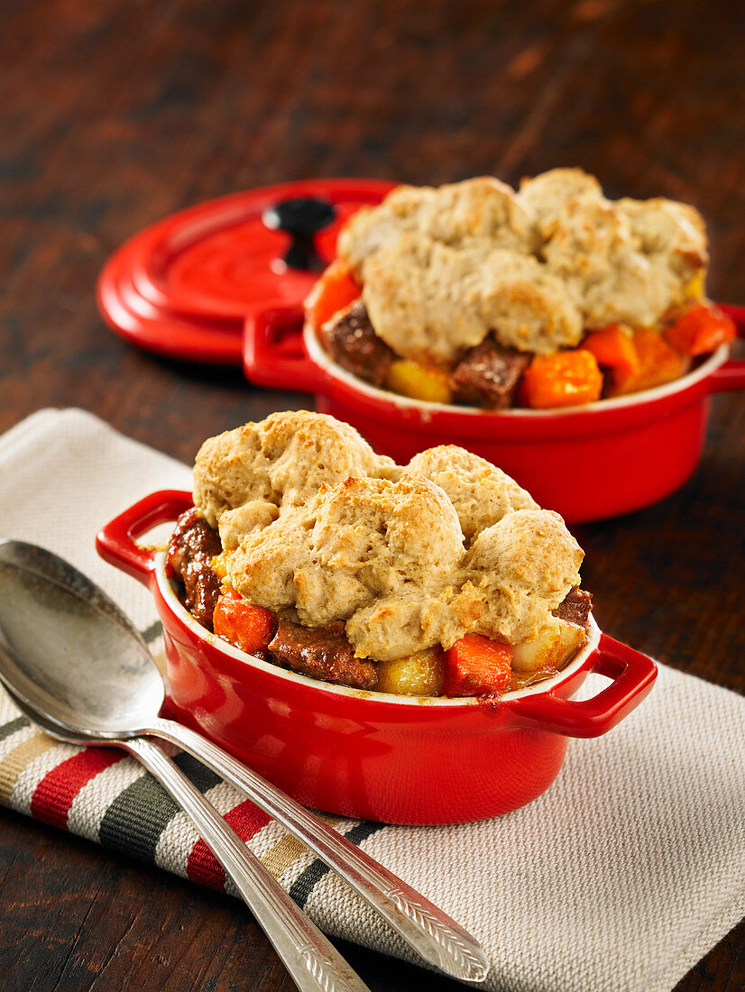 Single serve beef stew with a gluten free biscuit topping