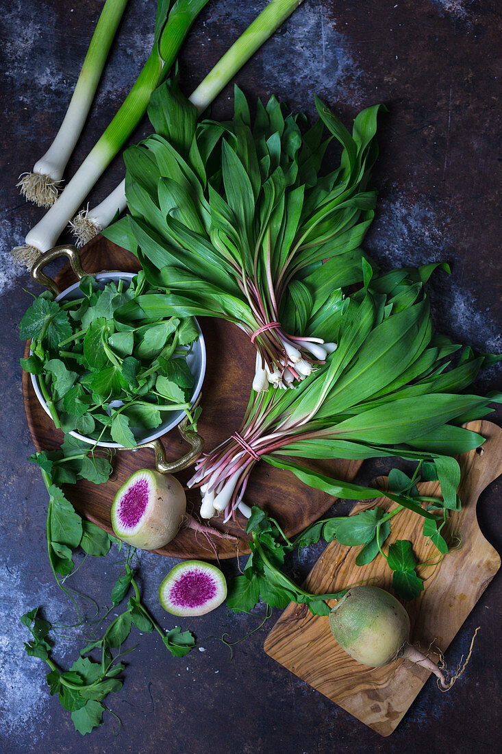 Fresh Vegetables - Leeks, Wild Garlic, Radishes, Pea Shoots