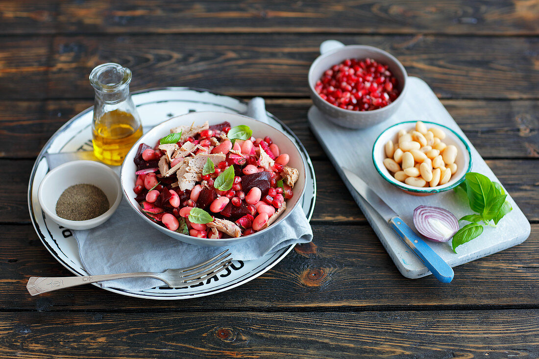 Beetroots, bean and tuna salad with pomegranate