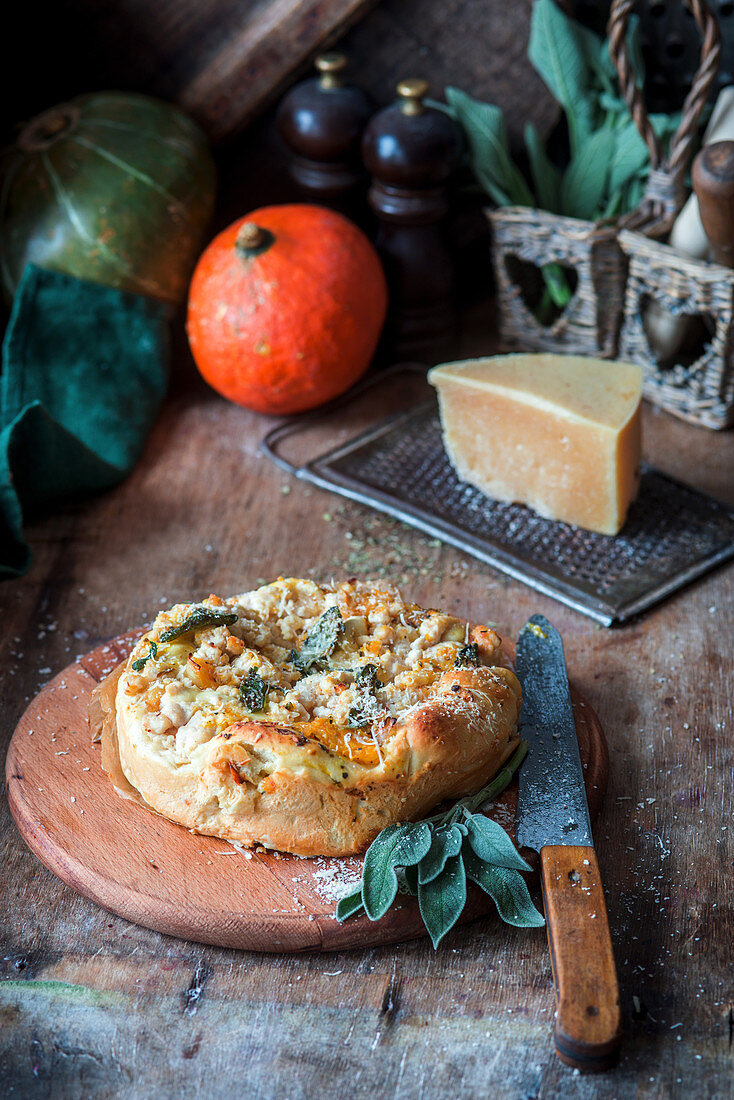 Rustic pumpkin, chicken and sage pie