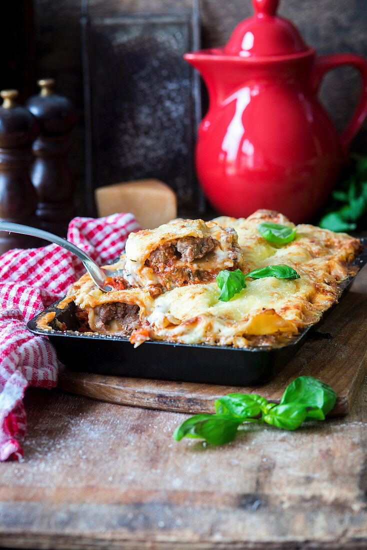 Sausage lasagne in a baking dish