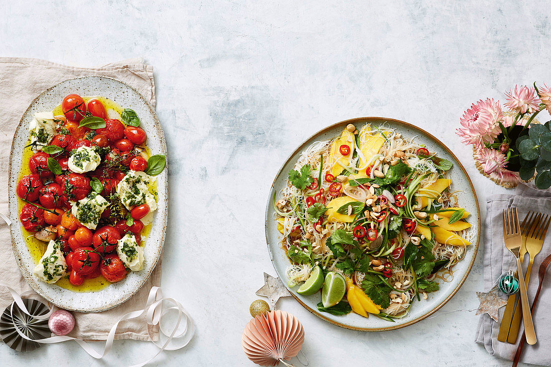 Confit tomato caprese-style salad, mango and chilli-pickled cucumber noodle salad