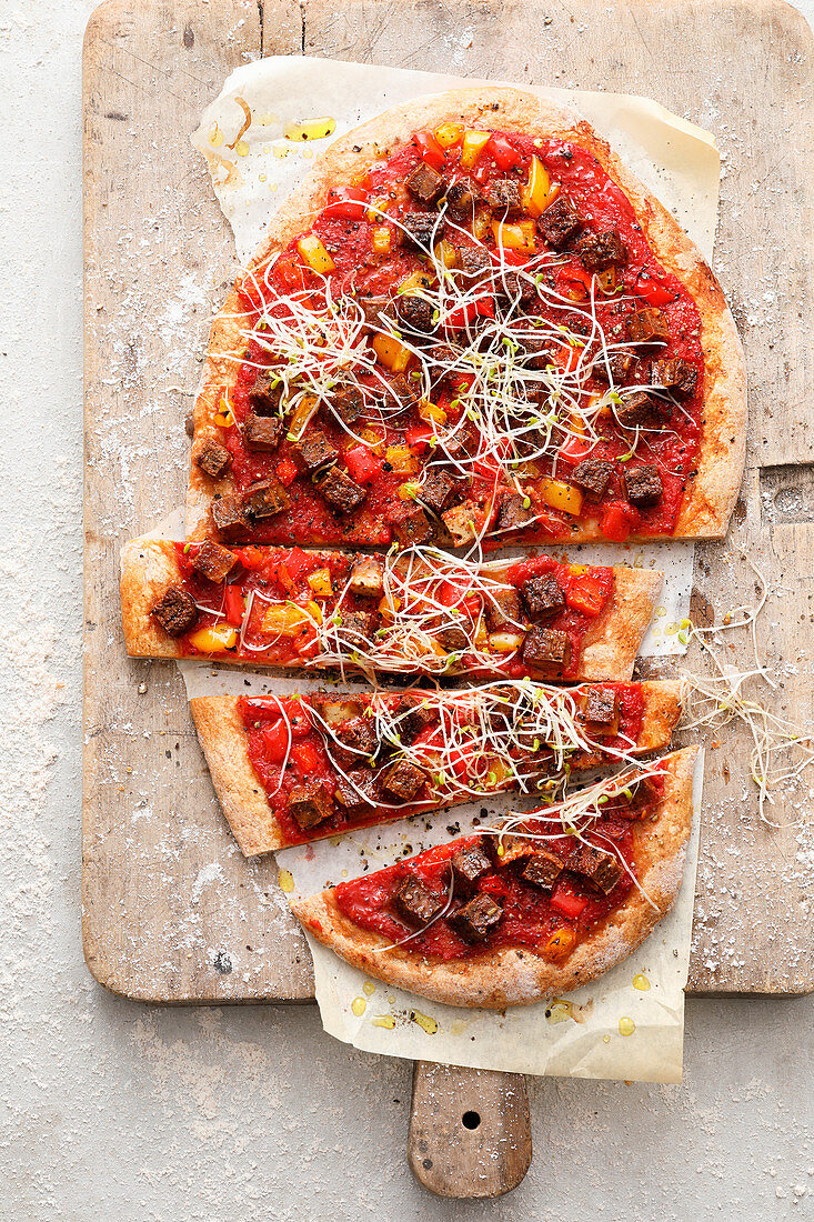 Parsnip pizza with tofu and beansprouts