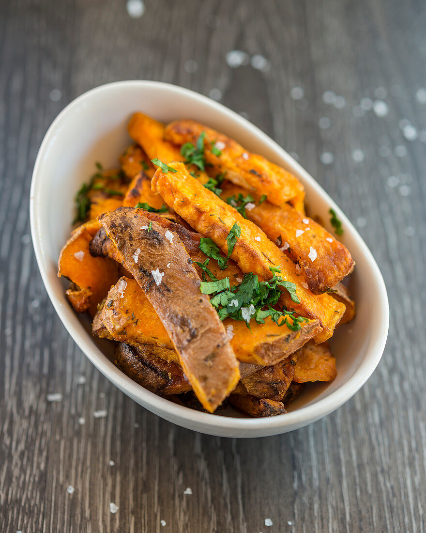 Sweet potato fries with hebs and sea salt