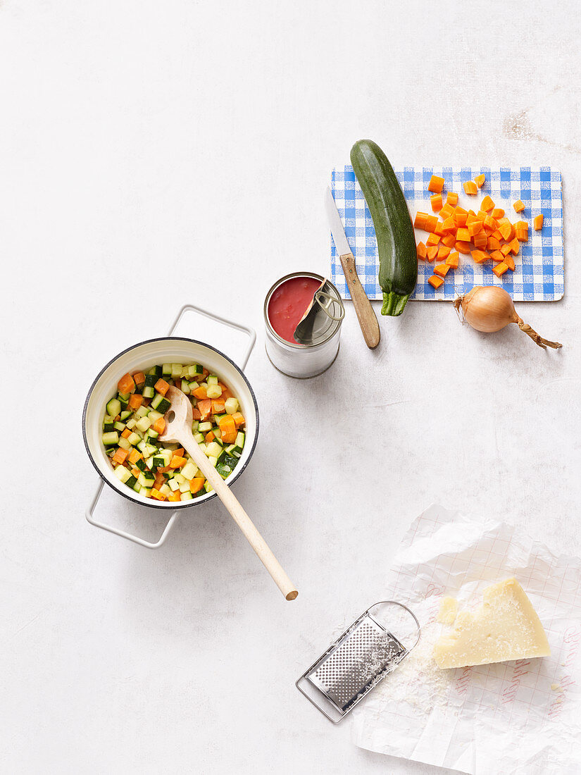 ingredients for quinoa minestrone with courgettes and pesto