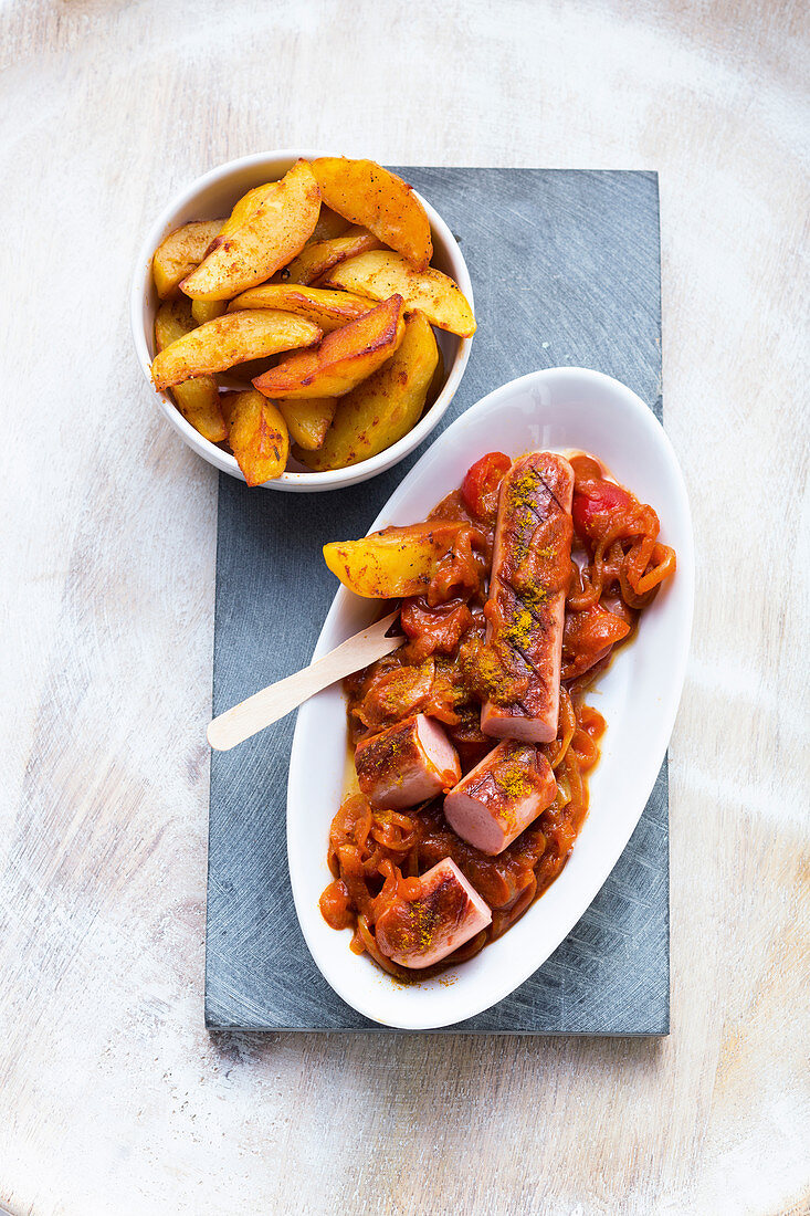 Poultry currywurst with potato wedges