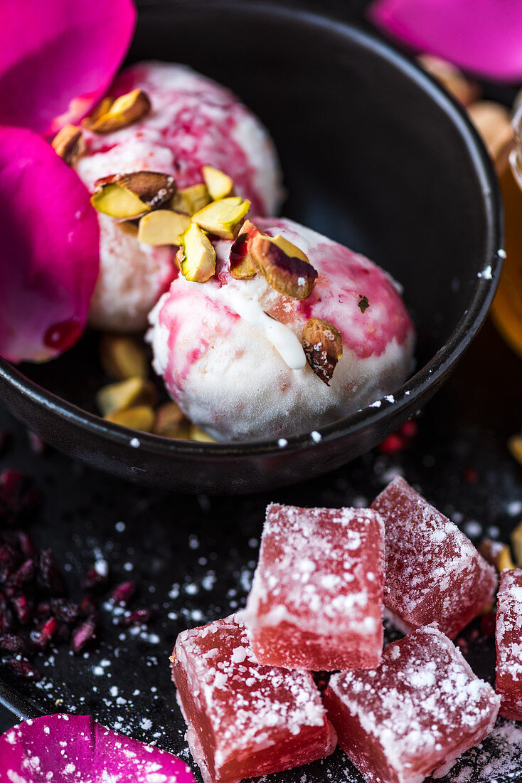 Turkish delight with rose ice cream and pistachios