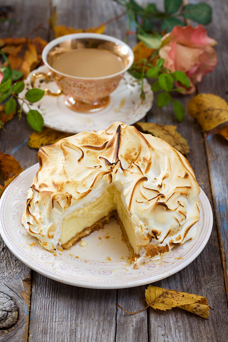 An autumnal cheesecake topped with meringue