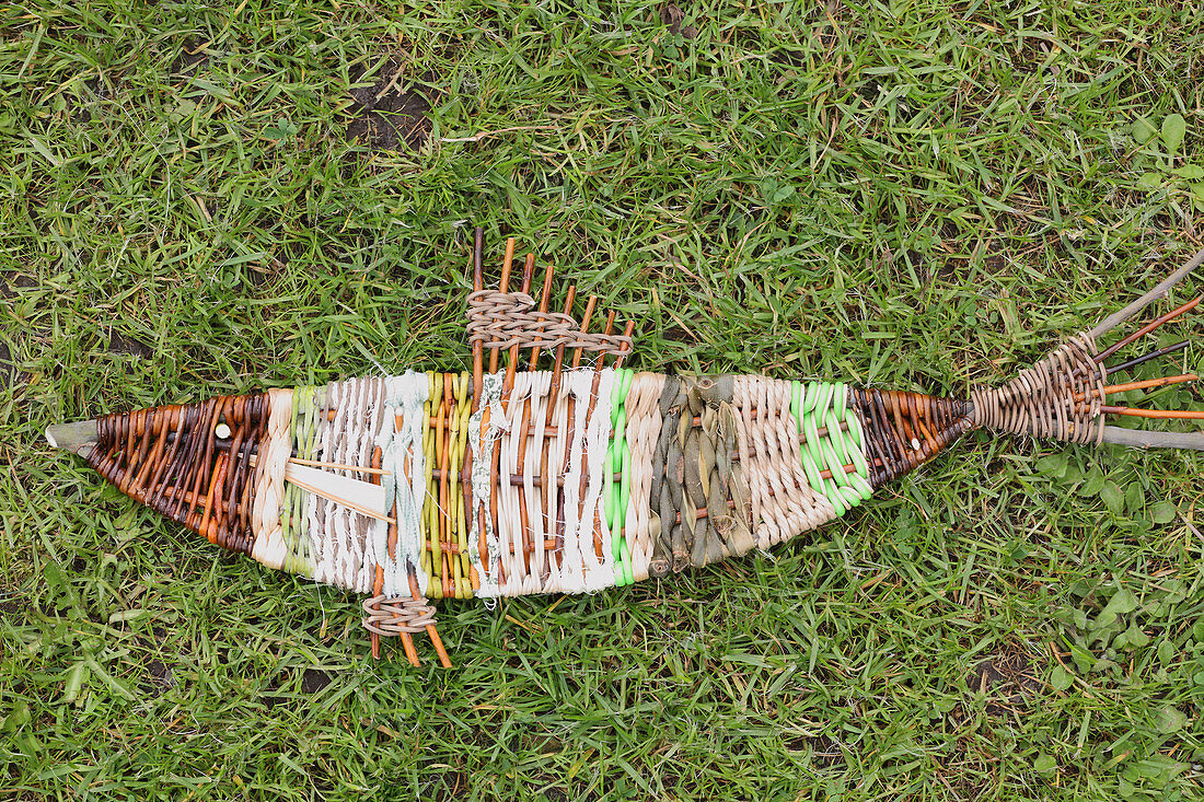 Basketwork fish made from wicker and twine