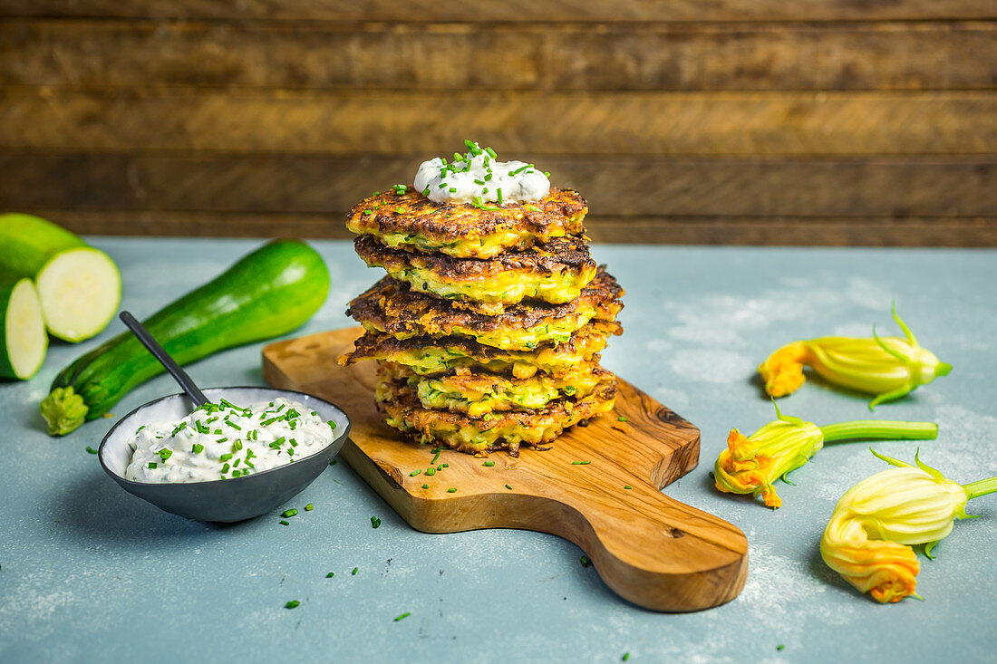 Courgette and sweetcorn fritters with herb cream cheese