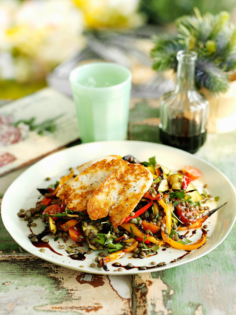 Grilled haloumi on a puy lentil and vegetable salad