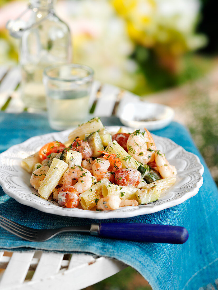 Rigatoni with roasted zucchini, tomatoes and king prawns