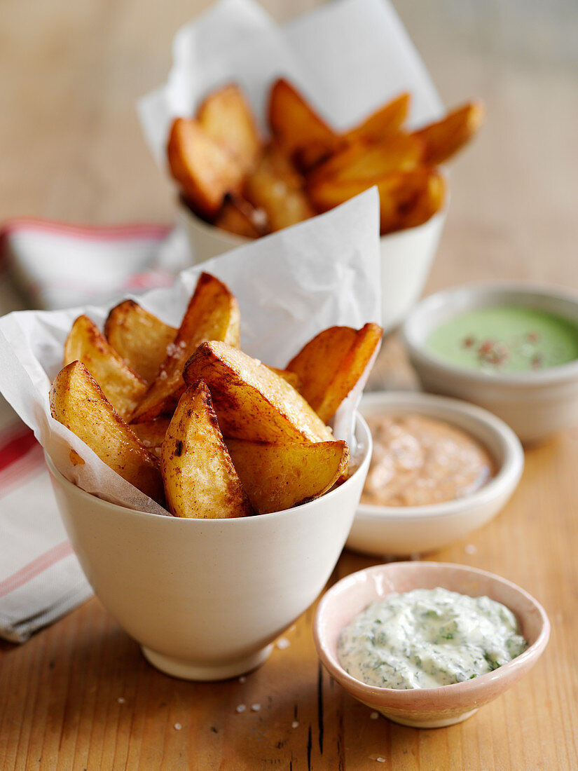 Potato wedges with various dips