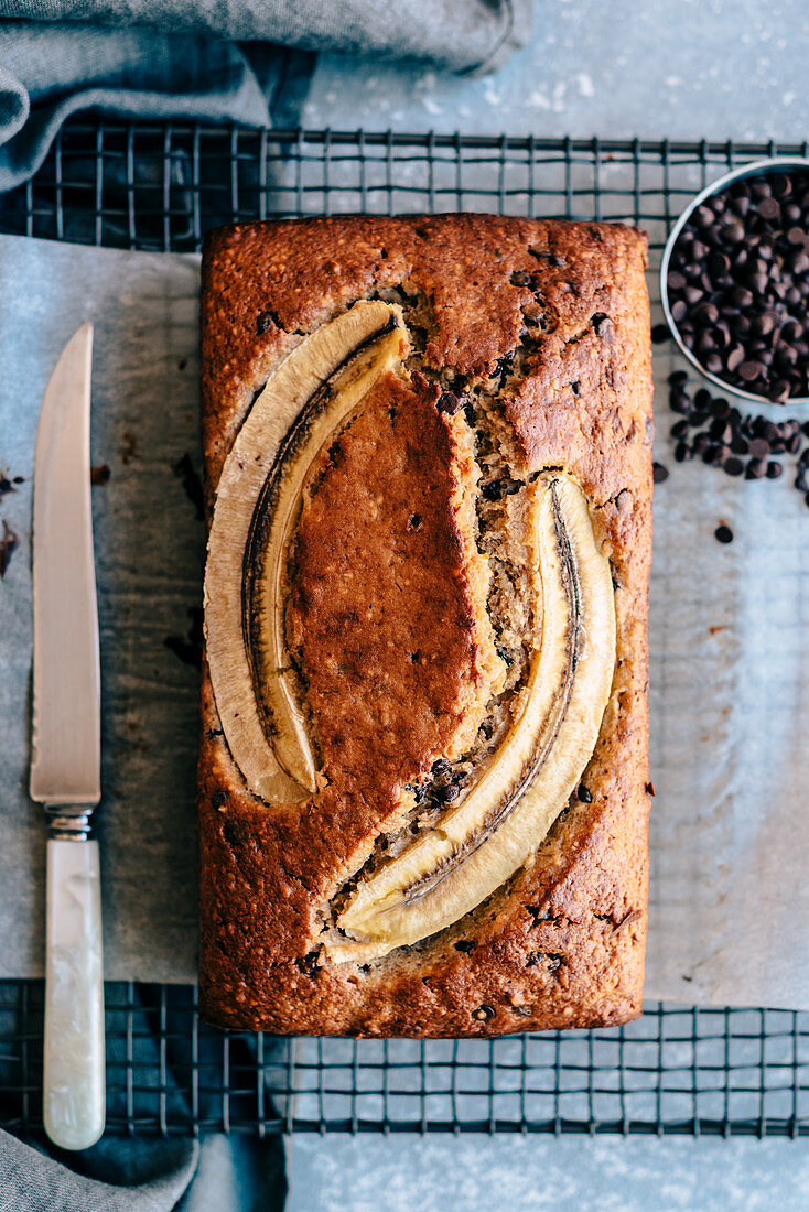 Banana bread with chocolate drops and olive oil