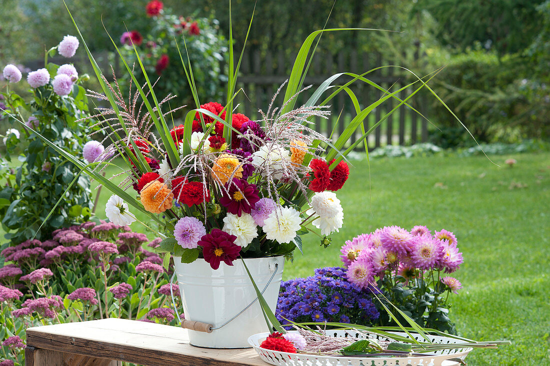 Colorful Dahlia - Bouquet In Enameled Bucket