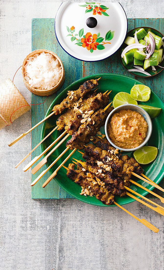 Beef satay with cucumber salad and rice (Malaysia)