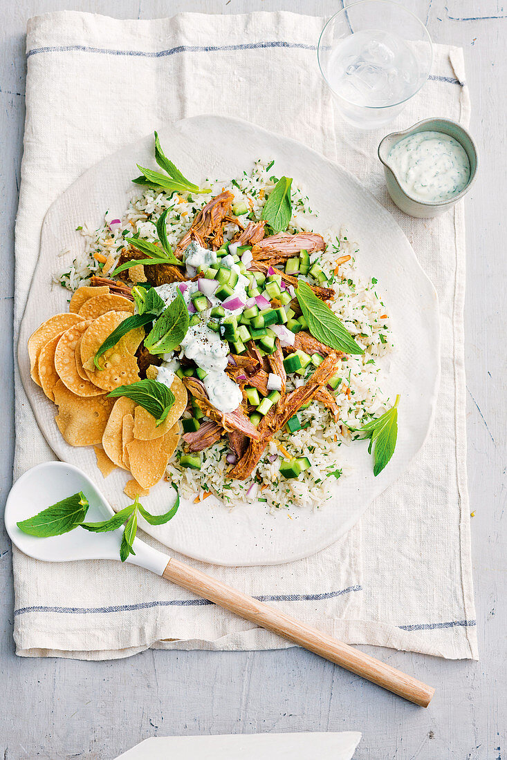 Shredded madras lamb with almond pilaf