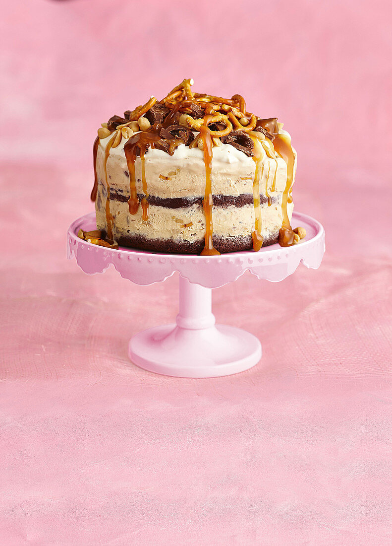 Caramel and peanut pretzel ice-cream cake