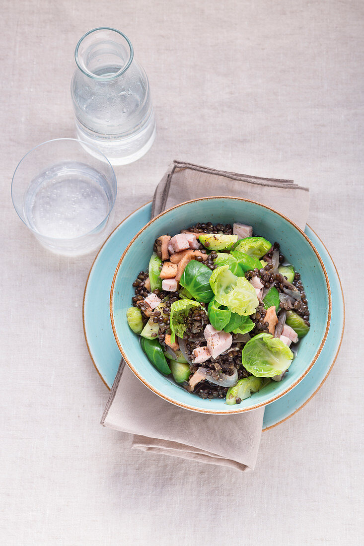 Grandma's lentil stew with Brussels sprouts and gammon