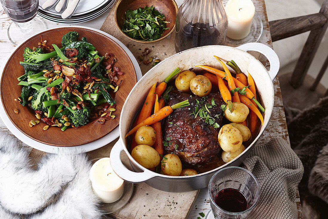 Sauteed tuscan cabbage with crispy bacon and pepitas; Slow-cooked beef pot roast with thyme gremolata