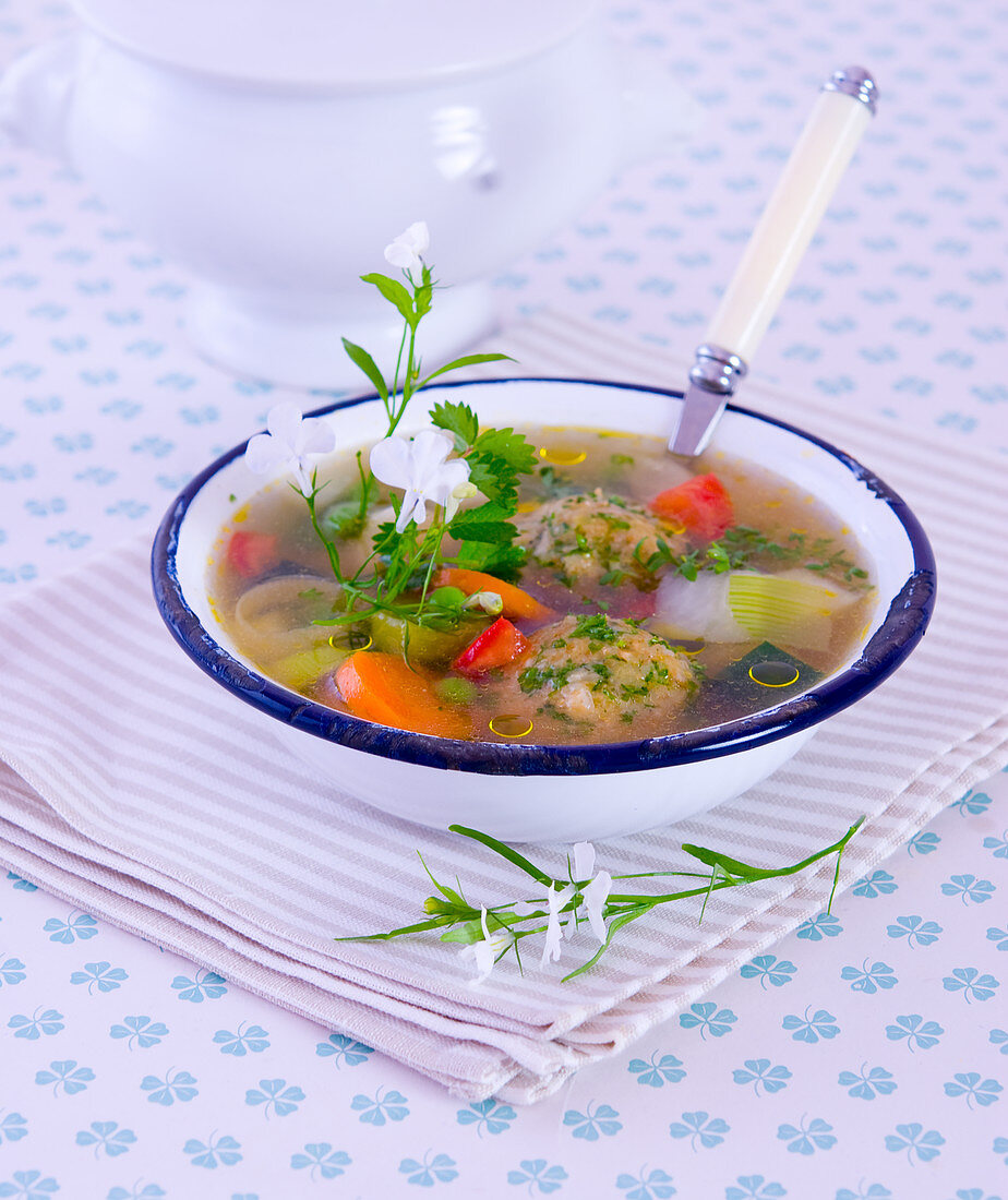 Summer vegetable soup with dumplings