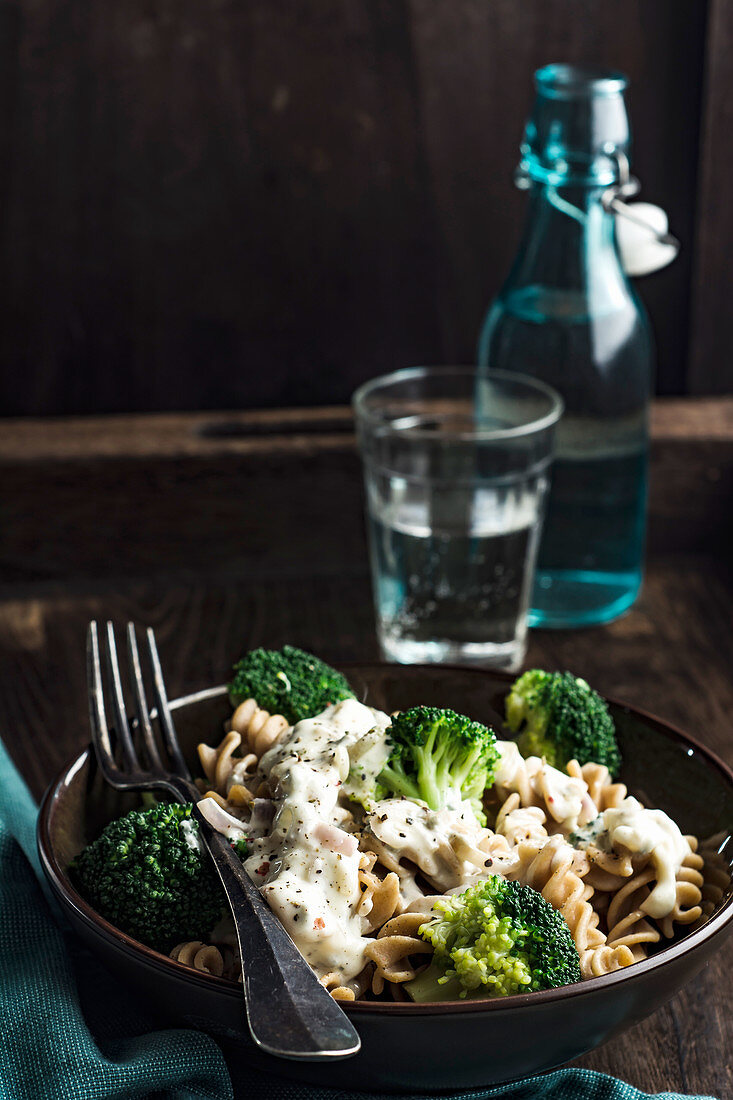 Fusilli pasta with broccoli and gorgonzola sauce