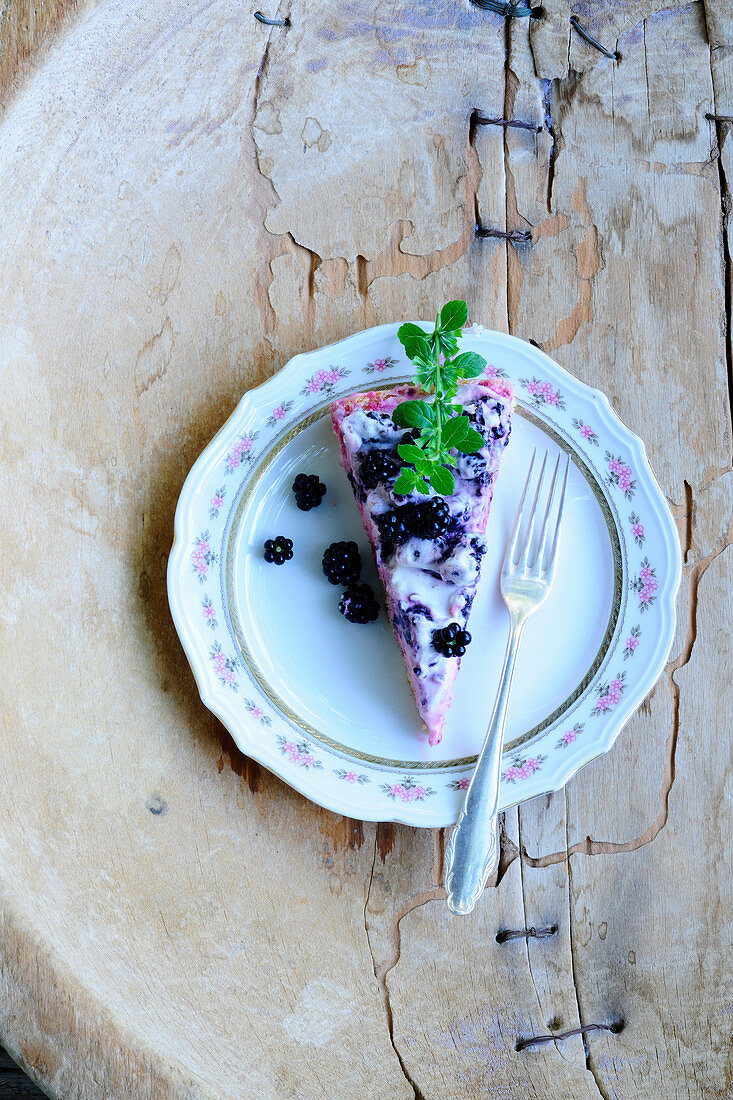 A piece of blackberry cake with mint (top view)