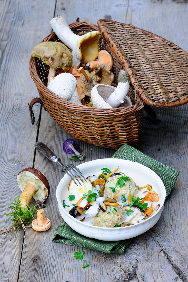 A plate of dumplings with creamy mushrooms, and a basket of freshly harvested wild mushrooms