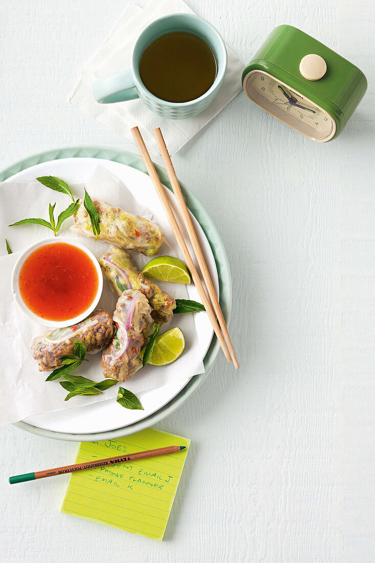 Larb rice paper rolls with chilli lime dipping sauce