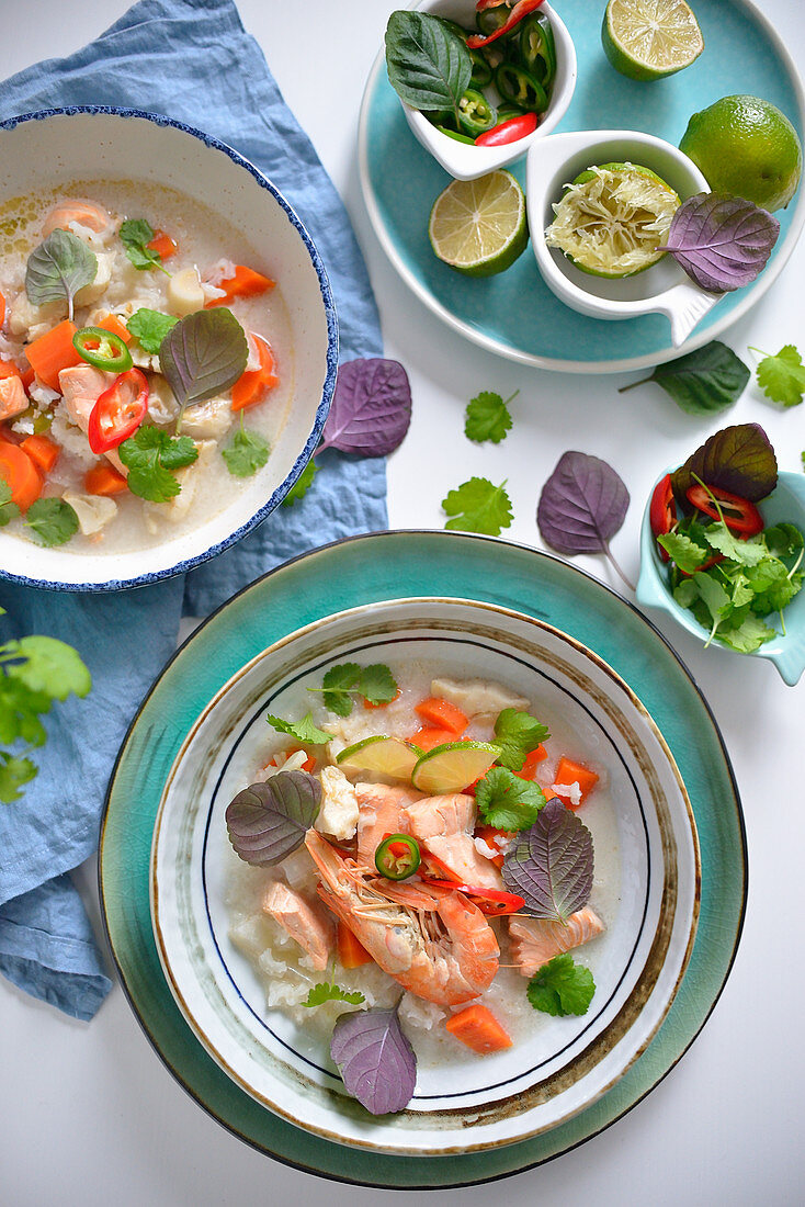 Thai style fish soup with prawns and salmon