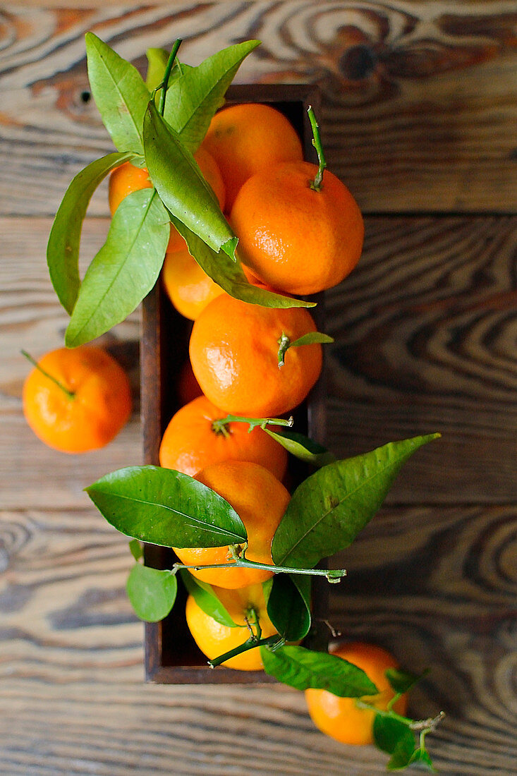 Mandarinen mit Blättern in Holzkiste