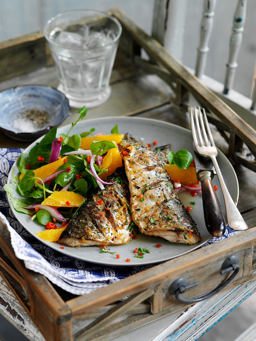 Grilled mackerel and salad with watercress, oranges and chili