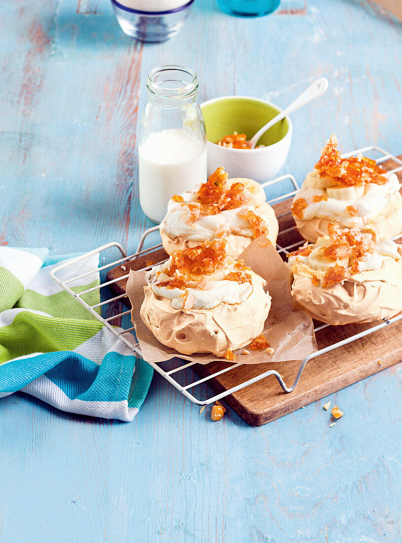 Brown sugar pavlovas with macadamia toffee