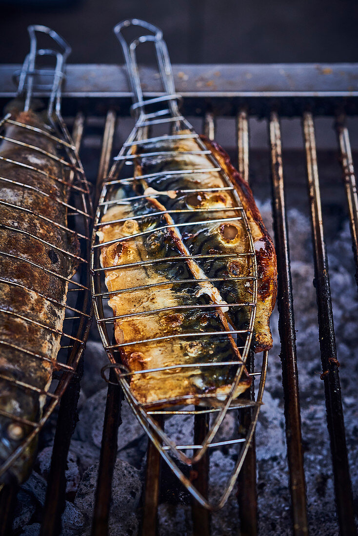 Mackerels in a fish grill plate over a grill