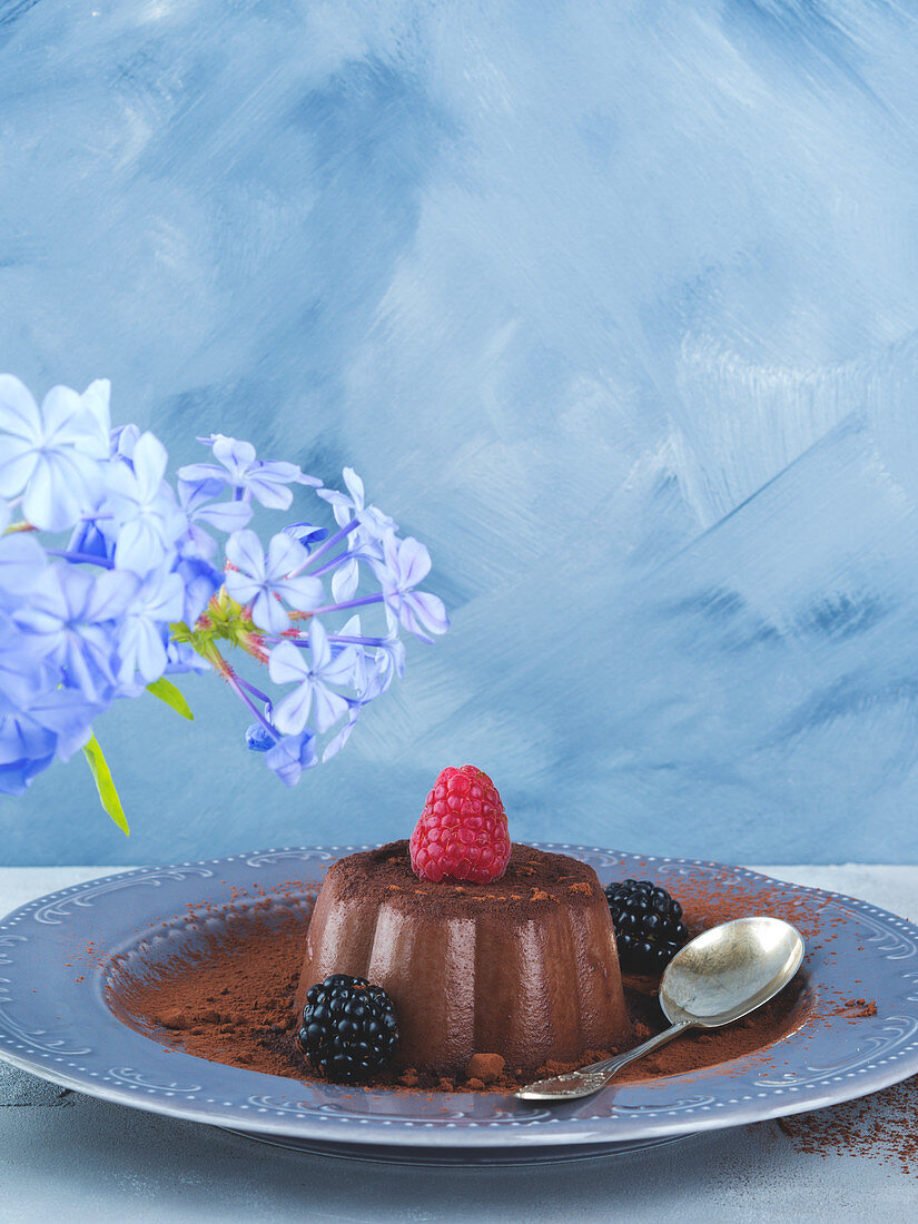 Chocolate panna cotta dessert garnished with berries over blue gray background