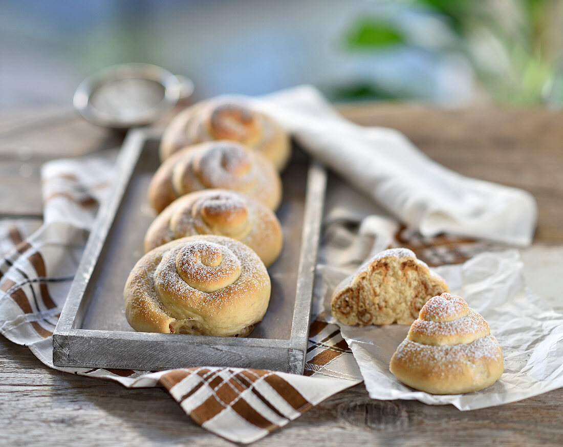Yeast snails with an almond and orange filling, dusted with powdered sugar (vegan)