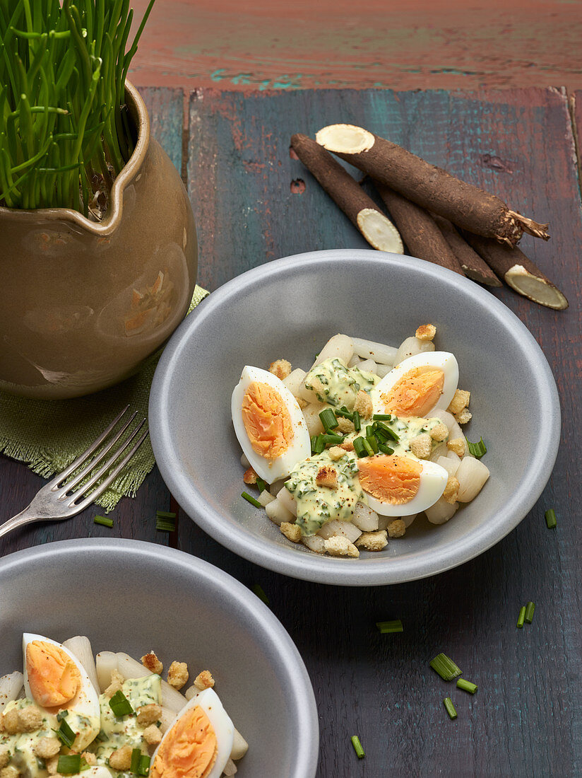 Salsify and egg salad with chive dressing and butter croutons