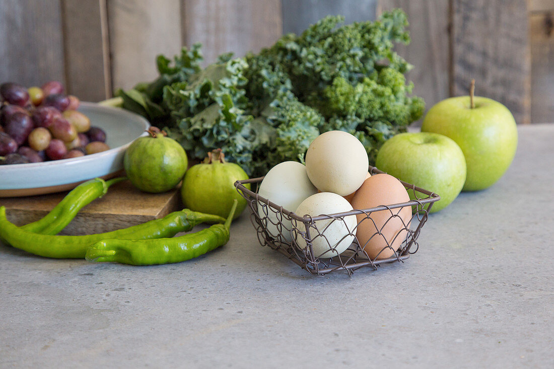 Green vegetables, apples and eggs